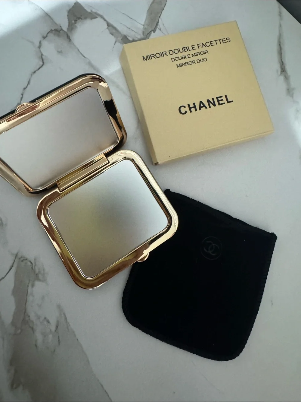 CHANEL Black & Gold Compact Double Mirror with Quilted Lid